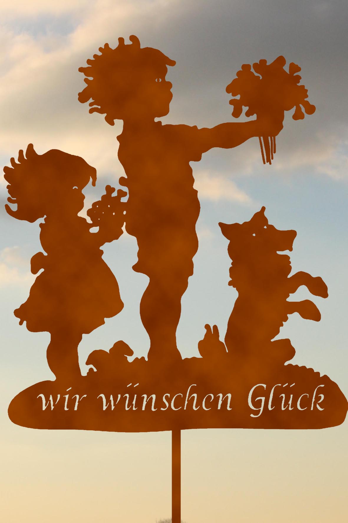 1baa6dc54d4fe4a763d993d1c4562d0a Gartenstecker Rost "wir wünschen Glück"